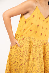 Cotton Slub Hand Block Printed A Line Cami Dress - Mustard Yellow