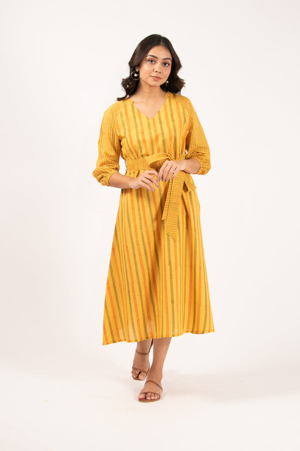 Cotton Slub Hand Block Printed V Neck Dress With Adjustable Belt - Mustard Yellow