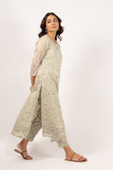 Cotton Mul Hand Block Printed Straight Kurta With Badla Work - Pista Green