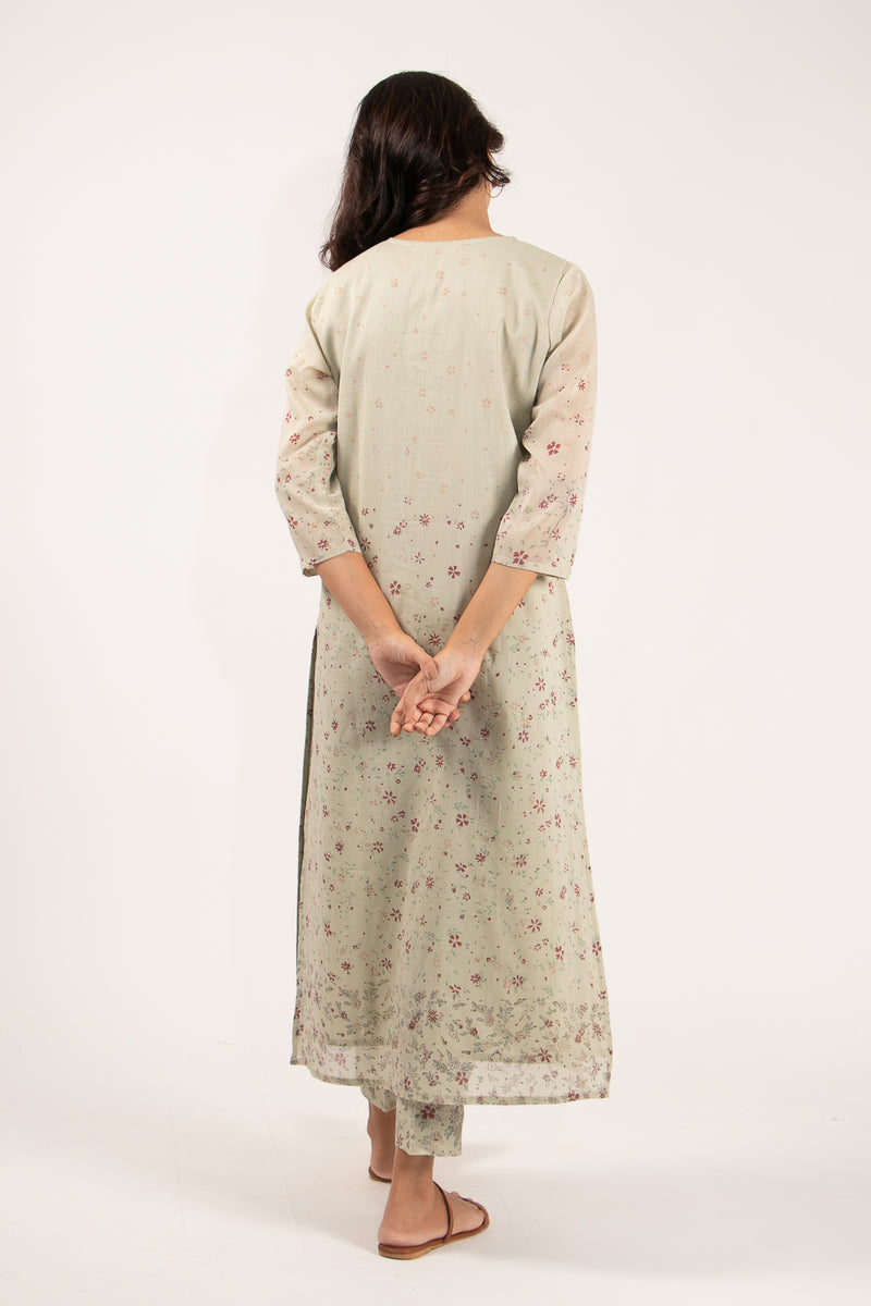 Cotton Mul Hand Block Printed Straight Kurta With Badla Work - Pista Green