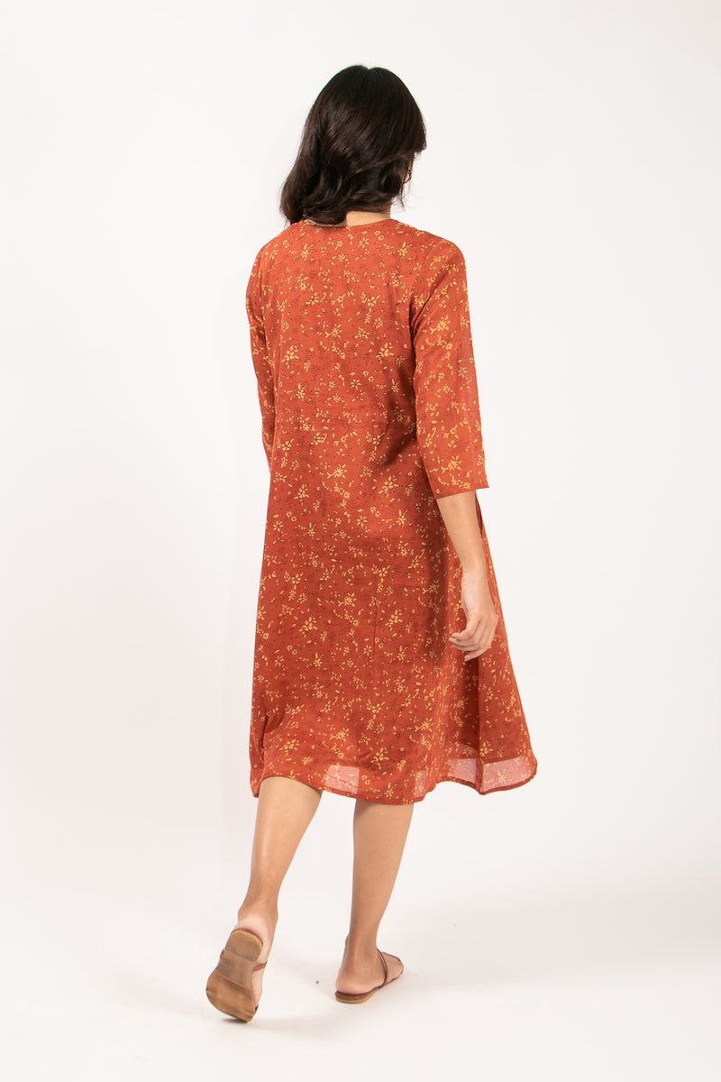 Cotton Hand Block Printed A Line Dress With Adjustable Drawstring - Rust