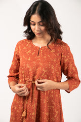 Cotton Hand Block Printed A Line Dress With Adjustable Drawstring - Rust