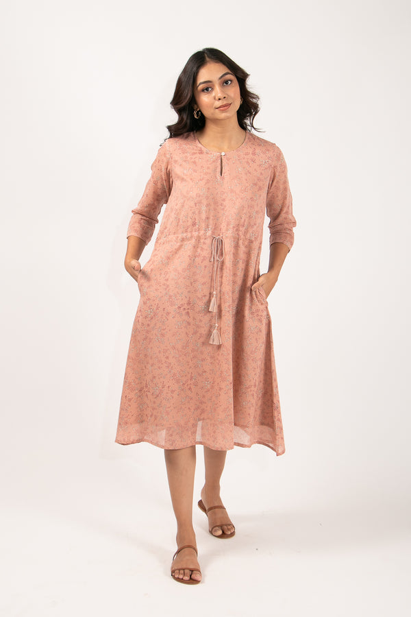 Cotton Hand Block Printed A Line Dress With Adjustable Drawstring - Peach Pink