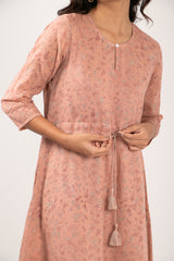 Cotton Hand Block Printed A Line Dress With Adjustable Drawstring - Peach Pink