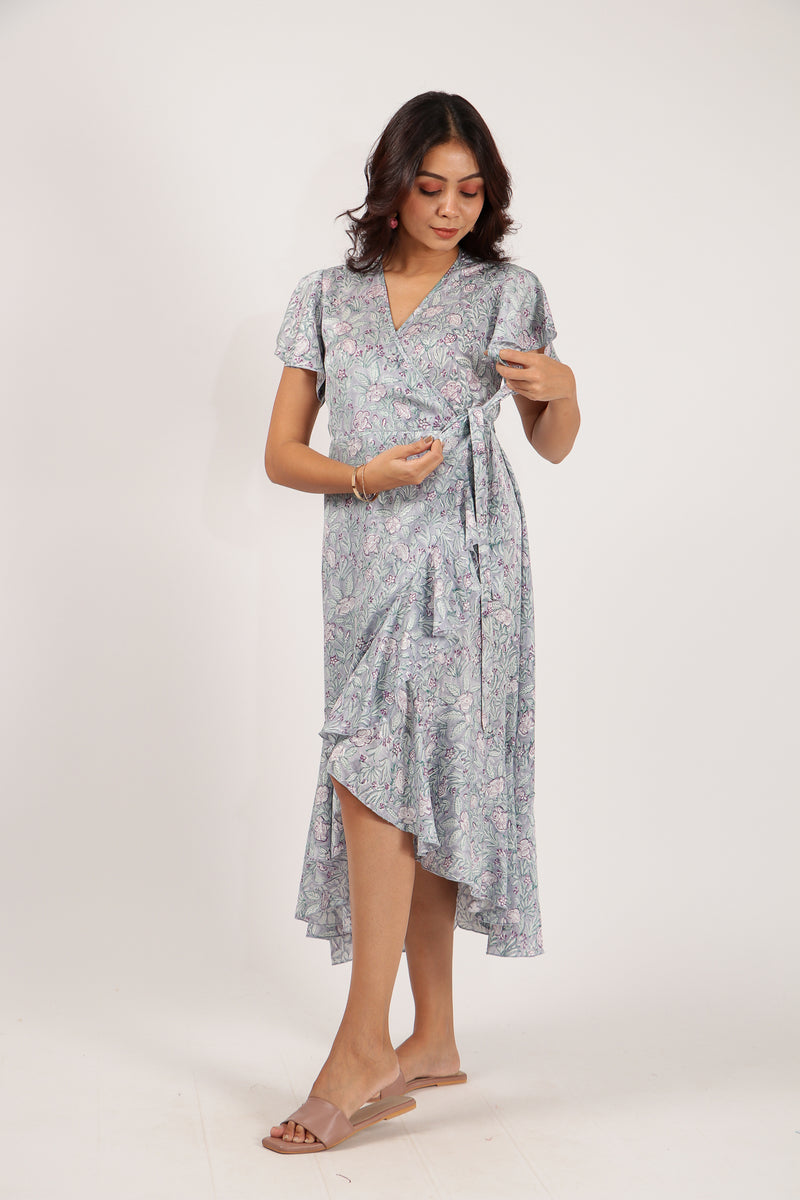 Modal Silk Wrap Dress With Asymmetrical Hemline - Lavender