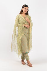 Cotton Floral Printed Kurta With V Neck - Pista Green