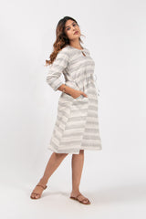 Cotton Ikat A Line Dress With Adjustable Drawstring - Off White