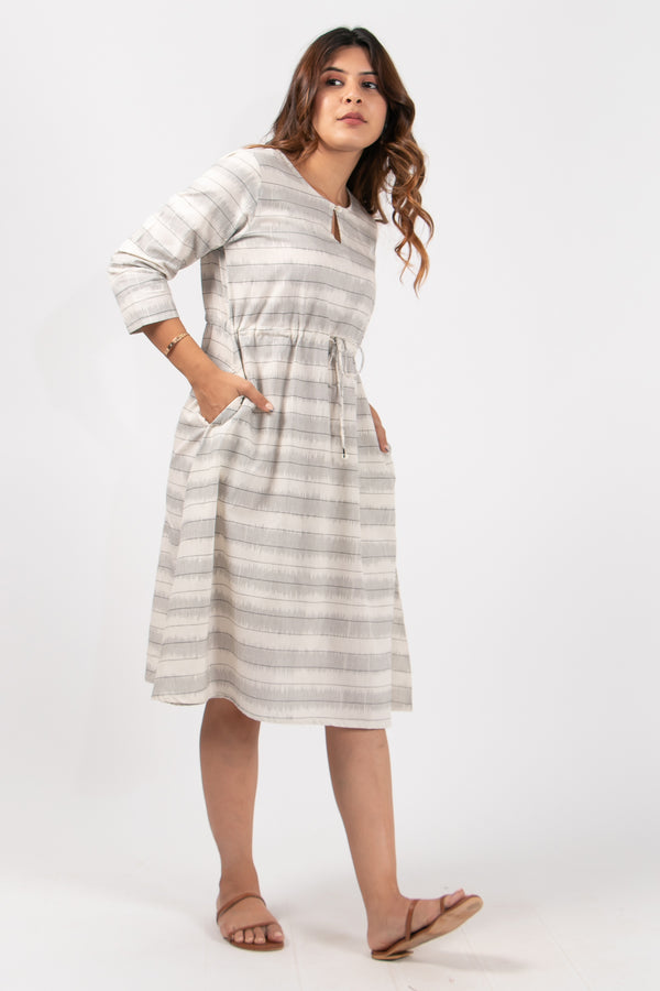 Cotton Ikat A Line Dress With Adjustable Drawstring - Off White