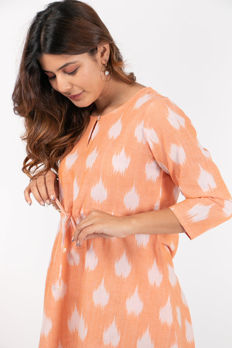 Cotton Ikat A Line Dress With Adjustable Drawstring - Orange