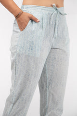 Cotton Hand Block Printed Pant With Elasticated Drawstring - Sky Blue
