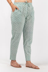 Cotton Hand Block Printed Pant With Elasticated Drawstring - Teal