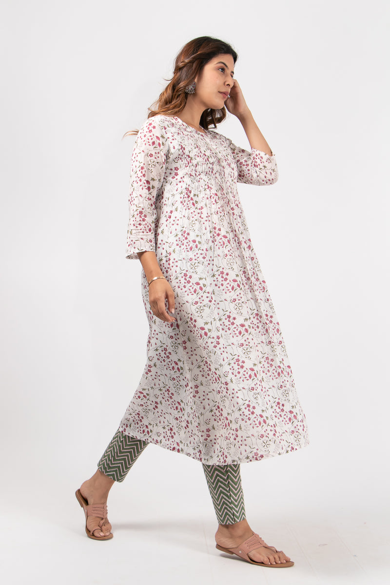 Cotton Hand Block Printed Pin Tuck Kurta With Round Neck - White