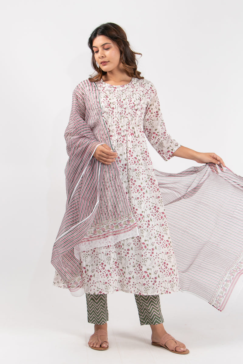 Cotton Hand Block Printed Pin Tuck Kurta With Round Neck - White